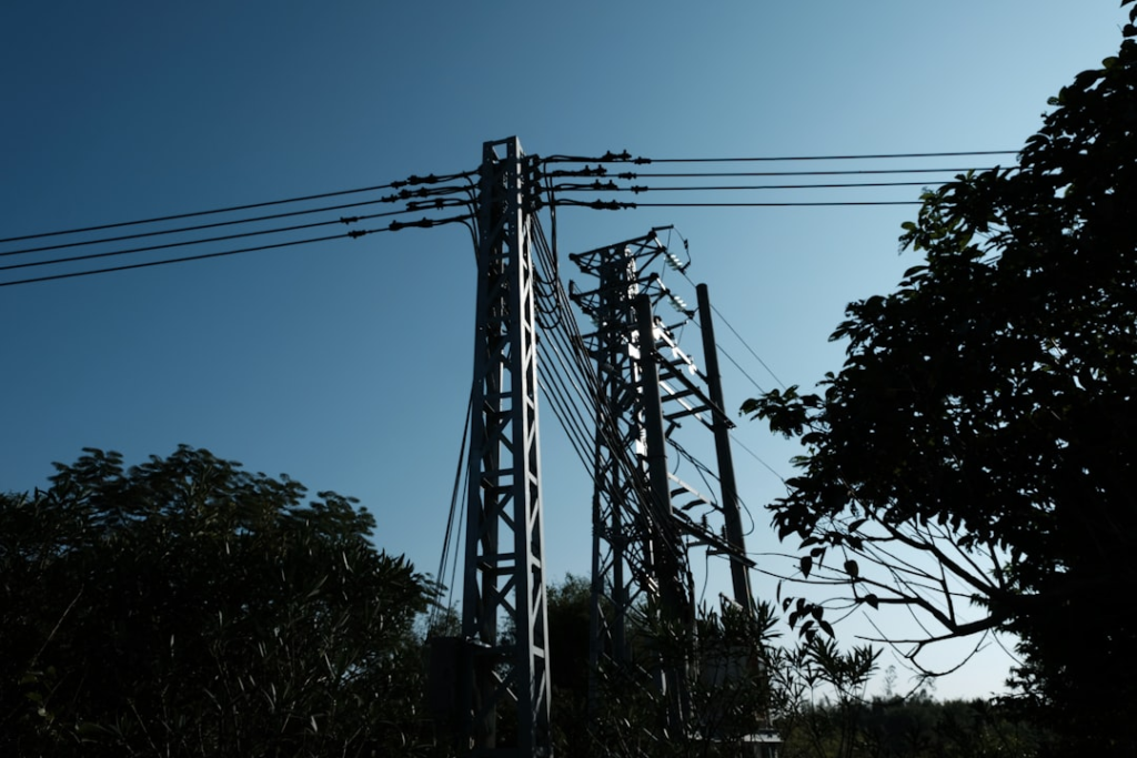 A stop sign in front of power lines and trees